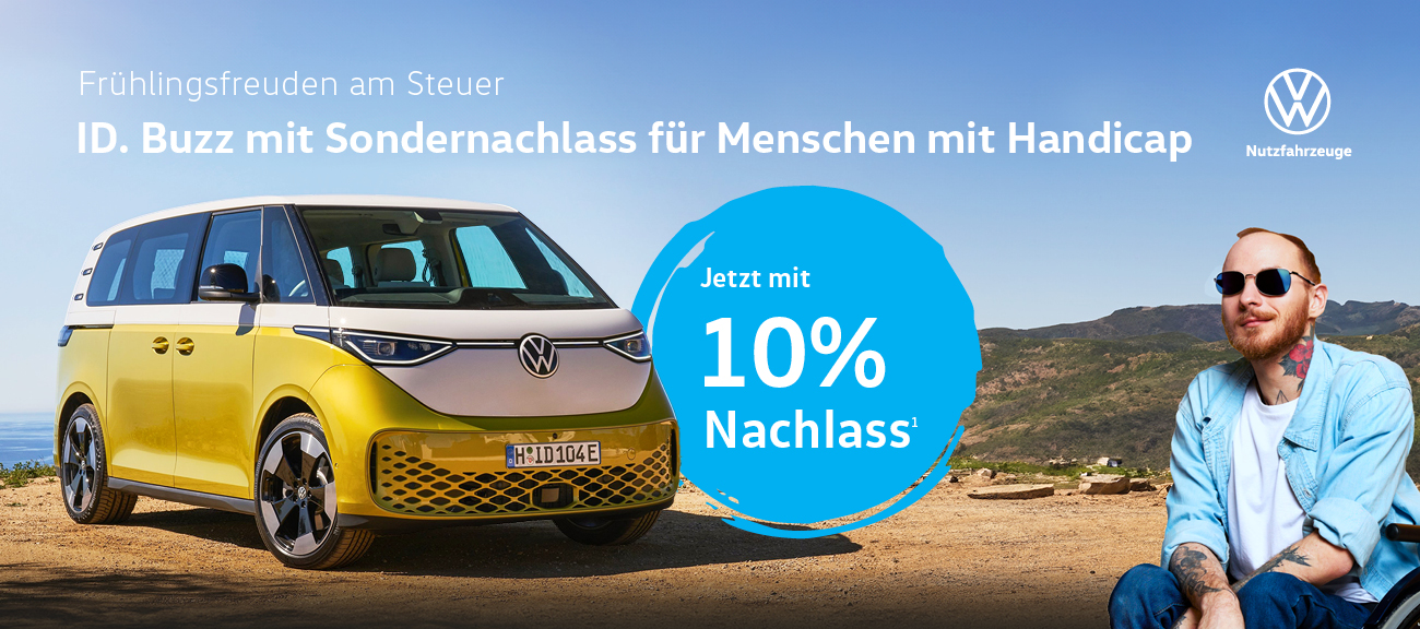 Autohaus Rostock VW ID.Buzz Sondernachlass für Menschen mit Handicap Modellbild von vorne und Strand und Mensch gelber ID. Buzz